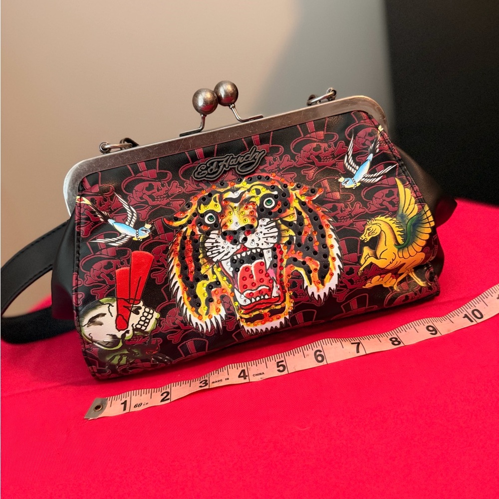 Ed Hardy Black and Red Clutch with Tiger Design